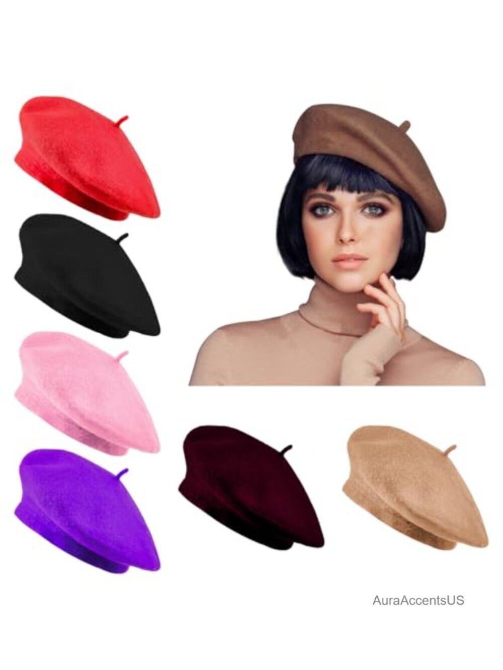 6PK Wool French Beret Beanie Set Adjustable Winter Hat Women